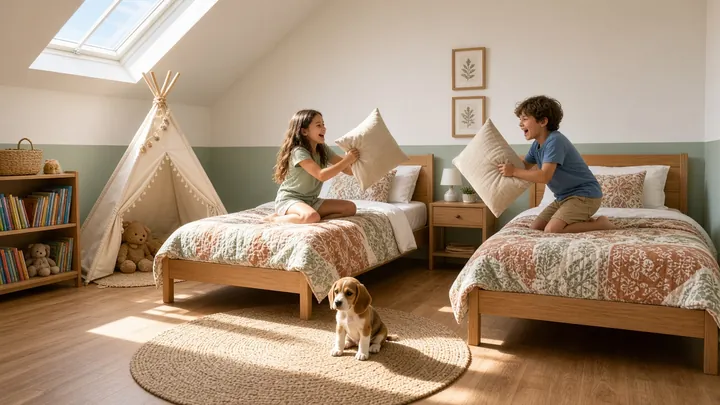 Two kids have a pillow fight across a pair of twin beds while a beagle puppy watches in a cheerful shared bedroom