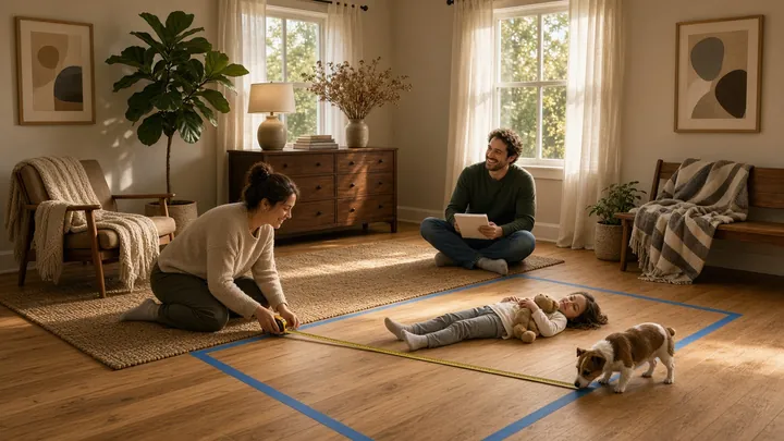 A woman measures a king-size outline of painter's tape on a bedroom floor while a child lies inside it and a terrier looks on